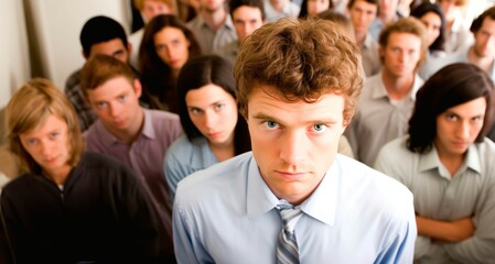 Group of young business people looking at camera and standing in a row