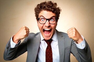young funny man with glasses doing winner gesture. on beige background