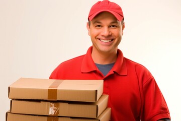 Smiling delivery man in red uniform holding stack of boxes on white background