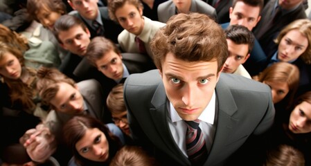 Young businessman looking at camera in front of a large group of people