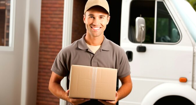 Delivery man with parcel in front of van. Delivery service concept.
