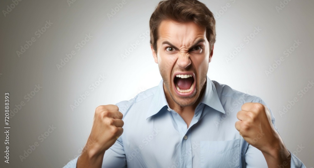 Poster Angry young man screaming and clenching fists on gray background.