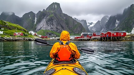 Adventurous man kayaking on a scenic river amidst majestic mountains, rear view
