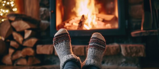 Woman in wool socks warms feet by cozy fire in after ski cabin, closeup of cute legs in cold season. - obrazy, fototapety, plakaty