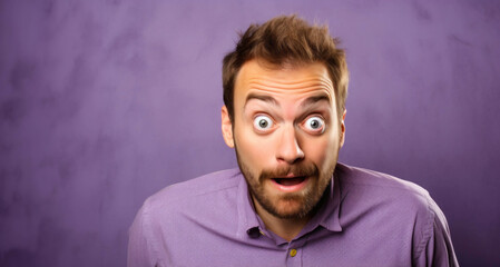 Obraz premium Young man with beard and mustache surprised and shocked while looking right on purple background