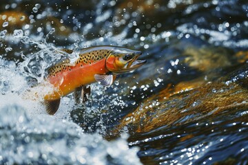 Brown trout jumping out of the water with splashes of water.