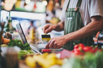 Close up of a man in apron using a laptop while standing at the counter of a grocery store. - obrazy, fototapety, plakaty
