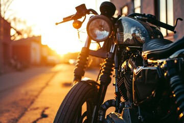 Motorcycle parked on the road in the rays of the setting sun.
