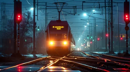 Foto op Canvas Nighttime shot of an electric train with light crossing © Sasint