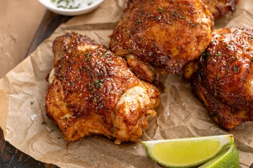 Foto op Plexiglas Chicken thighs roasted or air fried with paprika and lime © fahrwasser
