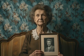 A portrait of a grandmother holding a framed black-and-white photo of her mother