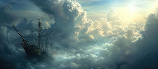 The sunken ship, its mast tall among the clouds, evokes both awe and beauty, showcasing nature's might.