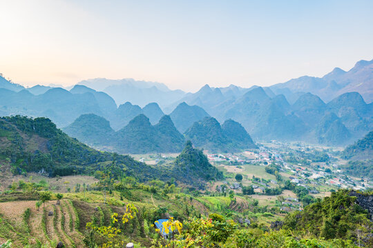 Ha Giang aerial landscape in Northern Vietnam. drone aerial view of Ha Giang Loop tour route scenery, 
