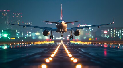 Passenger Airplane take off from runways at night