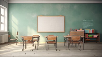 Bright and airy classroom setting with an empty chalkboard for educational concepts
