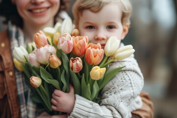 Son with a bouquet of flowers for mother on Mother's day