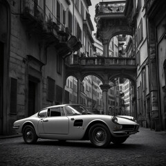 Das Bild zeigt einen alten, italienisch designten Sportwagen in einer einsamen Gasse mit hohen...