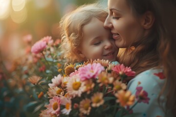 Young mother with a lot of flowers on Mother's day