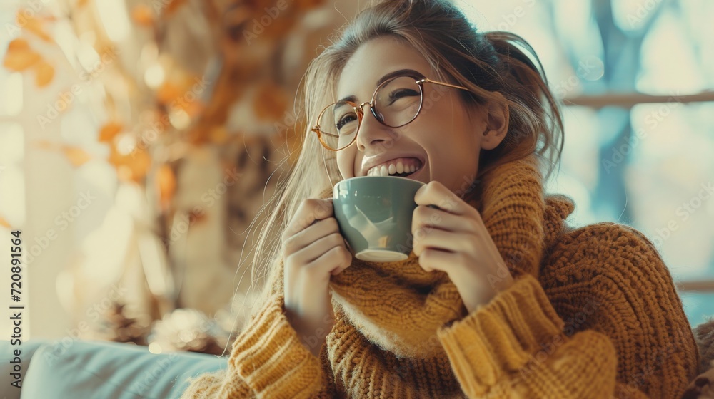 Wall mural Portrait of joyful young woman enjoying a cup of coffee at home. Smiling pretty girl drinking hot tea in winter. Excited woman wearing spectacles and sweater and laughing in an autumn day.