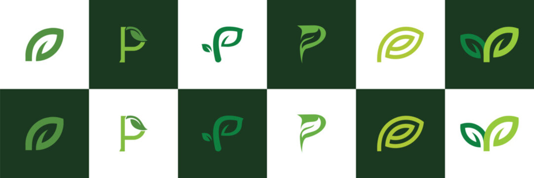 set of letter p with leaf logo design. green leaf logo vector illustration