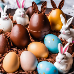 Chocolate Easter bunnies and colorful eggs on beautiful background