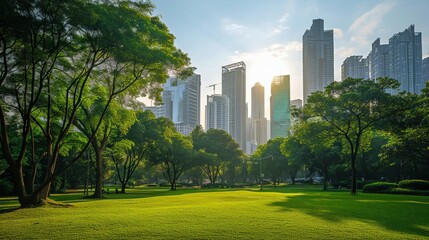 Public park and high-rise buildings cityscape in metropolis city center. Green environment city and downtown business district in panoramic view