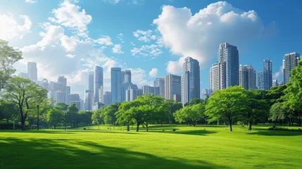 Foto op Aluminium Public park and high-rise buildings cityscape in metropolis city center. Green environment city and downtown business district in panoramic view © Sasint