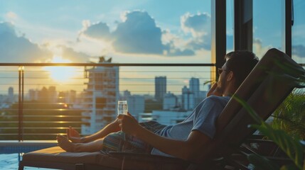 Relaxing couple lifestyle take it easy, lazy resting happily living in luxury city condominium, urban condo apartment, or business hotel tower for life-work balance and life quality concept - obrazy, fototapety, plakaty