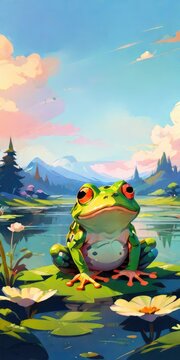 frog on the topl of leaf illustration background 