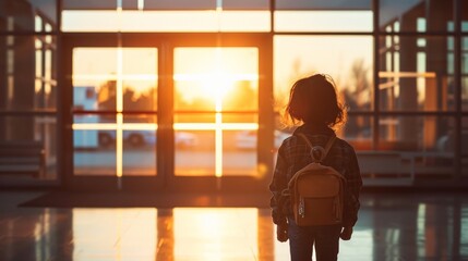 Small girl goes to preparatory school looking at illuminated windows in evening. Nervous preschooler walks to preparatory form for first time in back lit, copy space