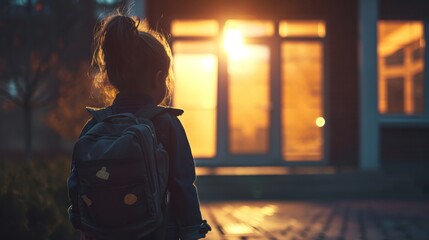 Small girl goes to preparatory school looking at illuminated windows in evening. Nervous preschooler walks to preparatory form for first time in back lit, copy space - obrazy, fototapety, plakaty