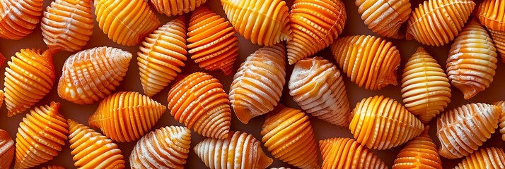 Fototapeta premium Top view of traditional italian pennettine pasta as abstract background texture for culinary concept