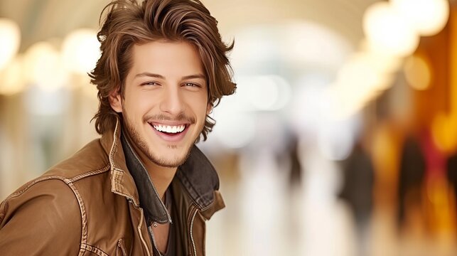 Confident man portrait on blurred bright interior background with space for text