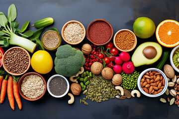 Food a variety of healthy foods including fruits, vegetables, nuts, seeds, and spices arranged...