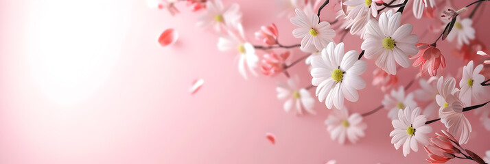 White flowers on a soft pink background with copy space. Women's Day, Valentine's Day and romantic anniversaries. Banner - Powered by Adobe