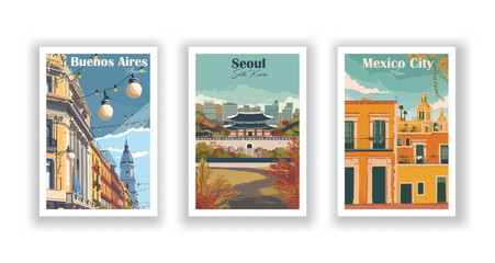 Fototapeta na wymiar Buenos Aires, Argentina. Mexico City, Mexico. Seoul, South Korea. Vintrage travel poster. Wall Art and Print Set for Hikers, Campers, and Stylish Living Room Decor.