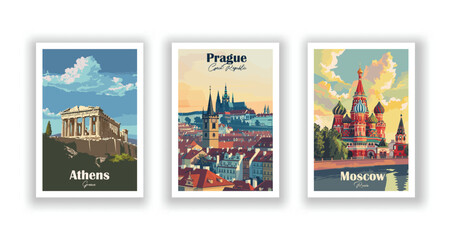 Athens, Greece. Moscow, Russia. Prague, Czech Republic. Vintrage travel poster. Wall Art and Print Set for Hikers, Campers, and Stylish Living Room Decor. - obrazy, fototapety, plakaty