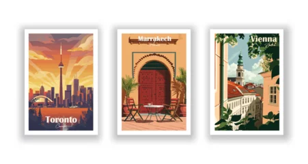 Keuken spatwand met foto Marrakech, Morocco. Toronto, Canada. Vienna, Austria. Vintrage travel poster. Wall Art and Print Set for Hikers, Campers, and Stylish Living Room Decor. © ImageDesigner