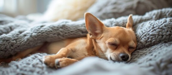 Chihuahua puppy sleeping on cozy bed in bedroom, enjoying a lazy morning.