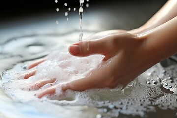 Close up of hands washing a white dish in soapy water in the kitchen sink, household chores concept