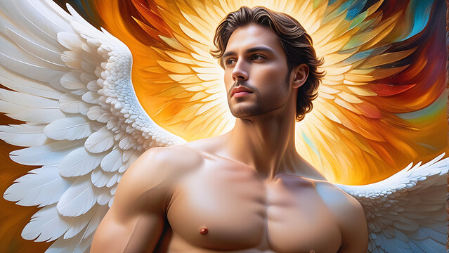 Handsome Angel, shirtless male angelic being, brunette with five o'clock shadow, phoenix like halo of feathers