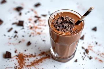 Schilderijen op glas Chocolate smoothie in a glass topped with cocoa powder © fahrwasser