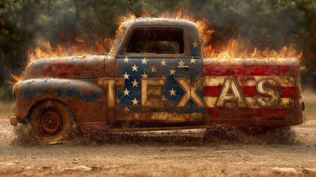Symbolic Vintage Pickup Truck with Texas Letters Alongside