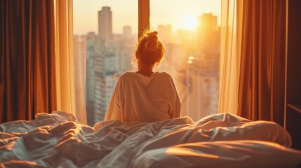 Young woman in bathrobe wake up in modern bedroom open curtains enjoy good morning. Female awake at home or hotel sun shines on her from the big window and city scenery in the window. - obrazy, fototapety, plakaty
