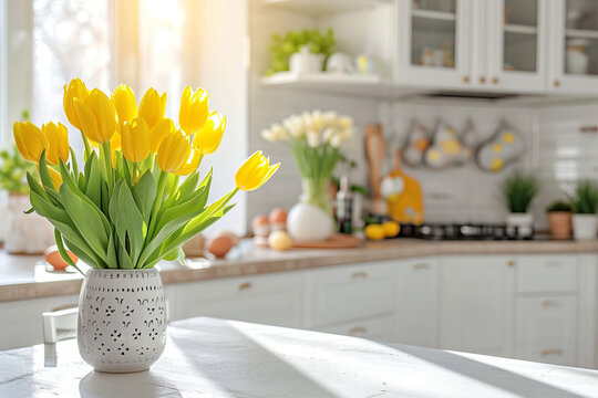 White kitchen decorated for Easter with yellow spring flowers and colored Easter eggs and copy space