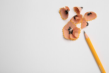 Sharp graphite pencil and shavings on white background, top view. Space for text