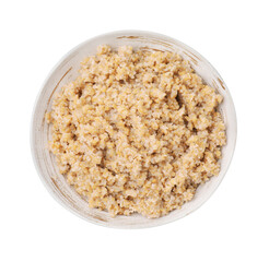 Tasty wheat porridge in bowl isolated on white, top view