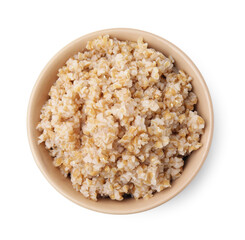 Tasty wheat porridge in bowl isolated on white, top view
