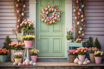 Fototapeta na wymiar Cute and cozy colorful house decorated for Easter, front porch with spring flowers and colored Easter eggs