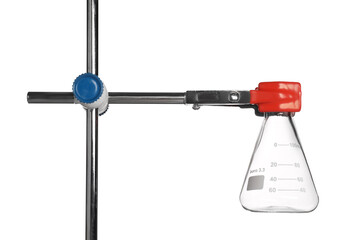 Retort stand with empty flask isolated on white